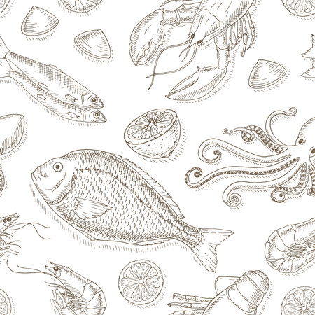 Seafood and fish set. Seafood hand drawn elements. Sea food and fish sketch illustrations. Fresh fish doodle. Seafood hand drawn vector. Seafood gourmet.Top view seafood set.のイラスト素材