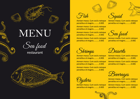 Restaurant menu design. Cafe menu cover. Seafood menu flyer. Menu brochure. Food template. Menu layout. Fish and seafood menu design. Menu for snack bars with hand drawn vector illustrations.のイラスト素材