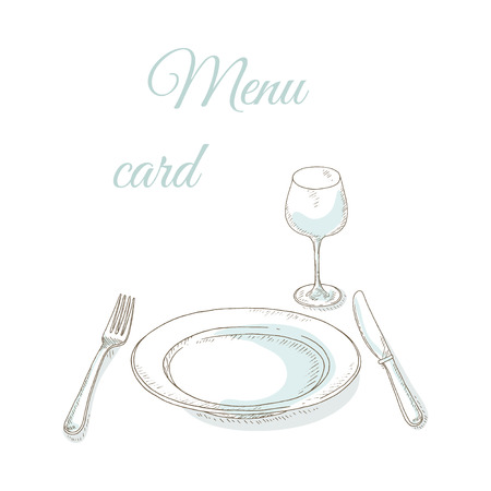 Empty plate, wineglass, fork and knife. Tableware sketch. Invitation to dinner party. Restaurant menu cover card. Dishes set. Dinnerware: plate, fork, knife, wineglass.のイラスト素材