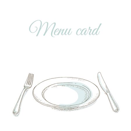 Empty plate, fork and knife. Tableware. Invitation to dinner party. Restaurant menu cover card. Dishes set. Dinnerware: plate, fork, knife. Kitchenware and cutlery hand dawn illustration. Sketchのイラスト素材