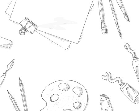 Art tools background. Artist creative quipment sketch: brushes, paper sheet, pencil and paints. Hobby and leisure hand drawn illustration. Paint and draw banner. Creative top view drawing vector.のイラスト素材