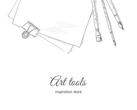 Art tools background. Artist creative quipment sketch: brushes and paper sheets. Hobby and leisure hand drawn illustration. Creative shop top view illustration.のイラスト素材