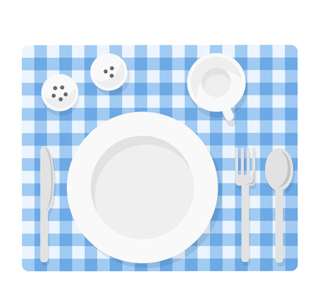 Tableware. Empty plate with knife, spoon, fork, cup, salt and pepper. Empty dishes top view illustration. Flat tableware on tablecloth. Picnik table  setting ready for dinner.のイラスト素材