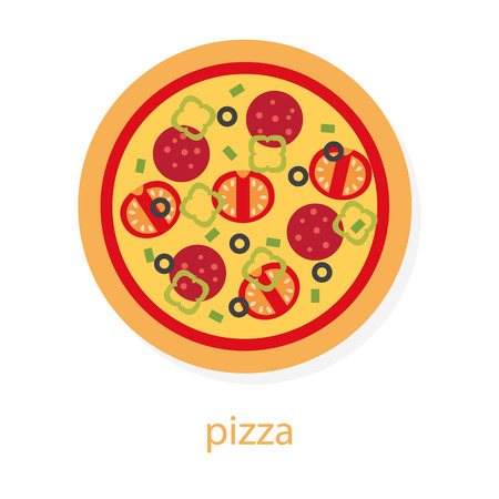 Pizza with pepperoni. Italian cuisine. European food. Pizza top view illustration. Isolated on white background. Traditional italian dish. Pizza with salami, tomatoes, peppers, cheese, olivesのイラスト素材