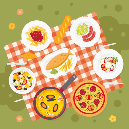 Picnic food. Catering service. European food. Picnic blanket in the meadow.  Flat outdoor meal set. Tablecloth for a picnic with different dishes. Europe cuisine top view backgroundのイラスト素材