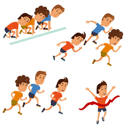 Run race. Running competition. Runners cartoon character. Sprint marathon. Starting line, run race and finish set. Group run race.のイラスト素材