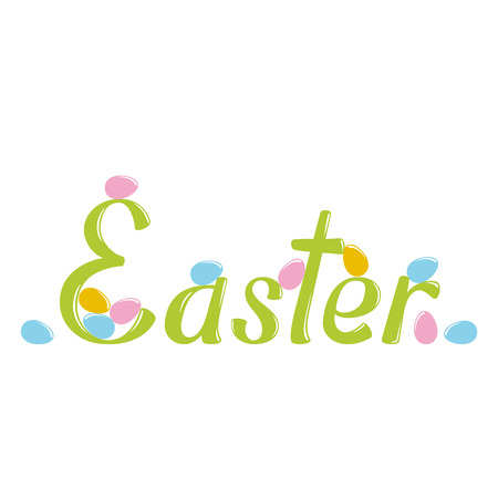Easter lettering. Easter lettering isolated on white background. Text illustration - Easter. Easter word and eggs. Holiday greeting poster with calligraphy wordのイラスト素材