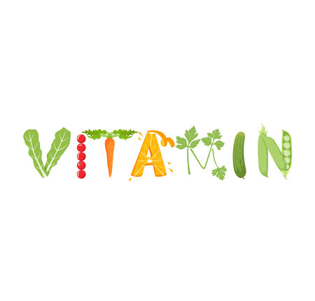 Vitamin vegetables lettering. Healthy food vector letter. Vitamin lettering with vegetables isolated on white background. Text vector illustration. Vitamin vegetables word. Vitamin lettering.のイラスト素材