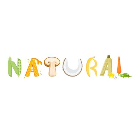 Natural food vegetables lettering. Healthy food vector letter. Natural food with vegetables isolated on white background. Text vector illustration. Natural food vegetables word. Natural lettering.のイラスト素材