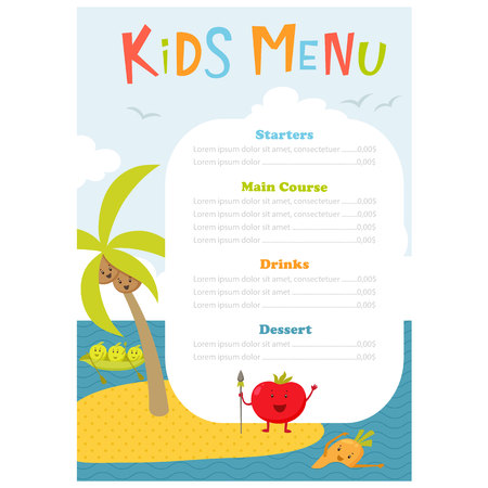 Kids menu. Cute kids meal meny vector template with cartoon vegetables. Healthy food for child. Kids meny flyer with sea island and aborigine tomato, carrot, peas, broccoli, coconut. Menu designのイラスト素材