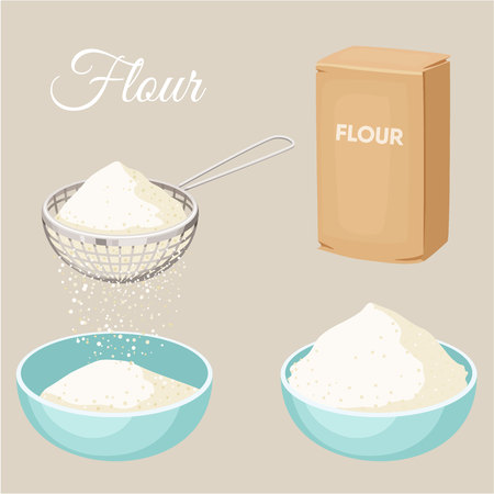 Flour set. Flour sifter, package of flour, bowl. Baking and cooking Ingredients. Healthy organic food. Flour cartoon vector. Dough cooking. Organic product. Flour set illustration. Kitchen utensils.のイラスト素材