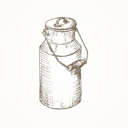 Milk cans sketch. Farm jar. Vintage container. Milk cans  illustration. Dairy jug. Hand drawn milk cans. Milk farm equipmentのイラスト素材