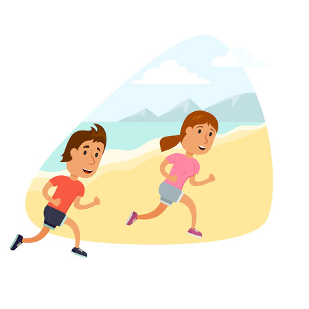 Run couple. Healthy lifestyle illustration . Woman and man jogging. Runners couple on the beach. Activity and sport for young couple. Fitness concept. Woman and man run.のイラスト素材