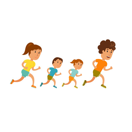 Run family. Healthy lifestyle illustration. Woman, man and child jogging. Runners family in city park. Activity and sport for young parent and baby. Fitness concept. Family: mom, dad and childrens runのイラスト素材