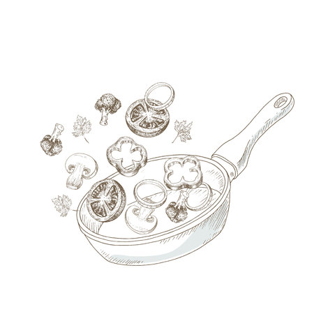 Wok cooking vegetable. Sketch wok cooking vegetable. Asian cuisine. Hand drawn vegetables on hot pan. Vector fry vegetables illustration. Cut organik vegetable. Vegetarian and vegan food.の写真素材