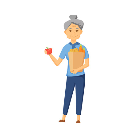 Older women with shopping bag full of healthy food. Senior buy vegetable on market. Old women hold apple and shopping bag with healthy food . Grandma buy products. Old woman with shopping bag vector.のイラスト素材