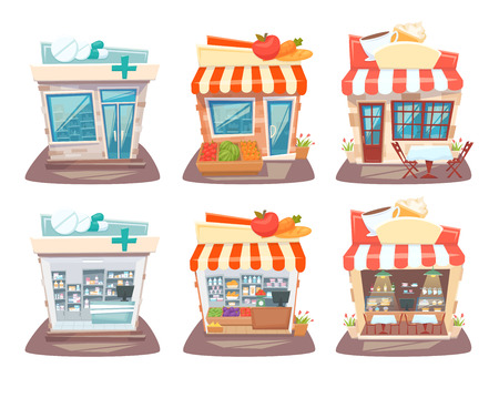 Store front and interior set. Street local retail shops building. Grocery store, pharmacy and cafe facade, inside shelves and showcase. Store front and interior cartoon vector illustration.のイラスト素材
