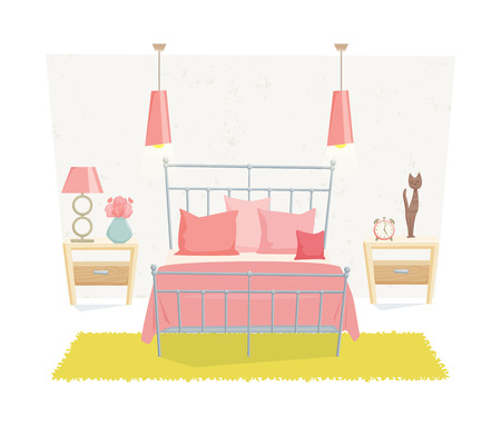 Bedroom interior with furniture and decoration in teen style. Bedroom interior cartoon vector illustration. Bedroom furniture and decor: bed, bedside table, lamp, pillow, shade. Cute girl interiorのイラスト素材