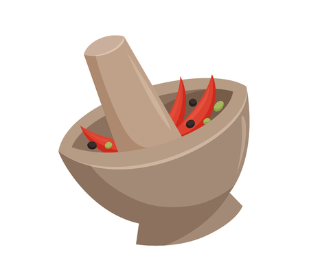 Grind the curry paste in a mortar. Traditional thailand mortar. Cooking process illustration. Kitchenware and cooking utensils isolated on white. Mix seasonings or herbsのイラスト素材