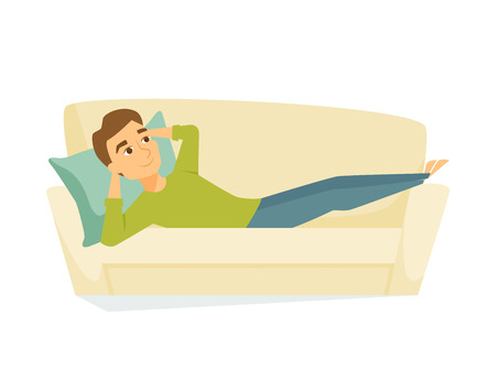 Man lying on the sofa. Happy smile guy relaxing on sofa at home. Young man relax on couch and dream. Person lying and resting. Home leisureのイラスト素材