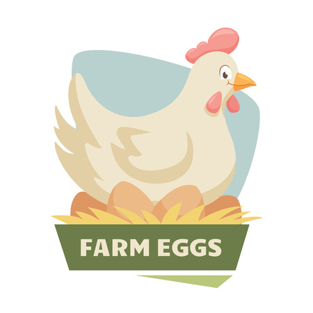 Hen on eggs label or badge. Farm chicken and egg logo. Natural food, organic product, locally grown. Cartoon chicken laying eggs. Cute and funny hen. Farmers market labelのイラスト素材