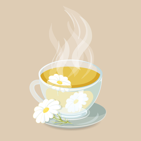 Herbal tea with chamomile. Healhty hot drinks icon. Cap of herbal tea with chamomile vector illustration. Hot herbal drinks.Chamomile tea beverageのイラスト素材