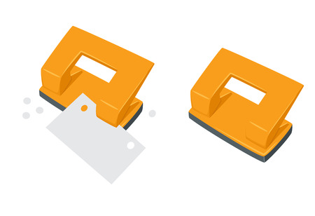 Punches pierce paper. Process of staples documents. Office work tool. Punches pierce sheets cartoon. Working in office, education, business concept.のイラスト素材