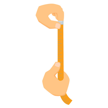 Hands with measure tape. Process of size or length measurement. Office work tool. Hands holding measure tape cartoon. Working in office, education, business concept. measuring tape in in handsのイラスト素材