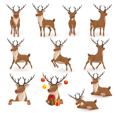 Reindeer Christmas vector illustration set. Moving deer collection. Reindeers back, in profile and full face. Reindeer lying, sleeping, galloping, jumping and flying, looks, gives gift. Holiday iconsのイラスト素材