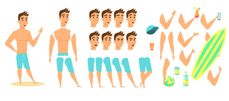Man on beach character animation, creation set. Guy in shorts with phone, surfboard, ball, sunscreen, cocktail, water bottle. Parts of body for design you scene. Cartoon faces, emotions, expressions.のイラスト素材