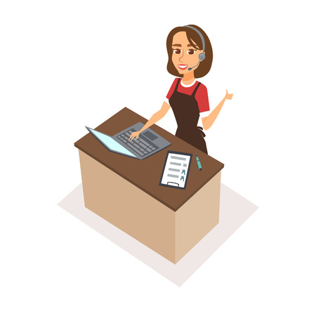 Female receptionist with headphones, pen, checklist, laptop.のイラスト素材