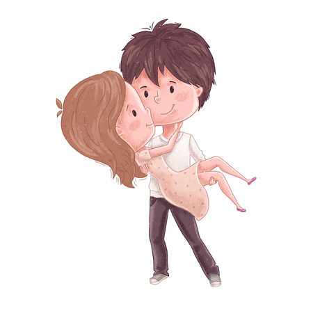 Cute couple. Man hold women on hand. Sweet and romantic embrace. Wedding invitation, save the date or valentine day card design. Lovely family print. Girl and boy together. People relationship.のイラスト素材