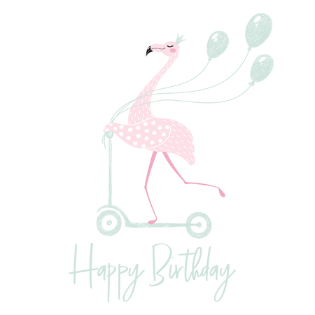 Flamingo on scooter cute Happy Birthday card. Greeting slogan. Tropical girl bird with princess crown and balloons. Fashion child vector. Hand draw illustration for t-shirt, kids apparel and invintation design. Baby showerのイラスト素材