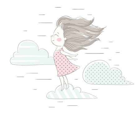Wind blows hair of cute girl print. Freedom and happiness concept. Sweet little woman flies on cloud. Fashion vector. Cool illustration for t-shirt, poster, invitation, sticker design, kids apparelのイラスト素材