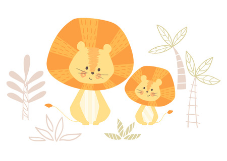 Lion mom and baby cute print. Sweet animal family. mother and child fashion child vector. Cool scandinavian illustration for nursery t-shirt, kids apparel, invitation, simple children designのイラスト素材