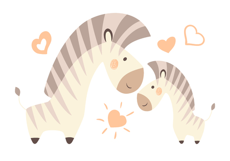 Zebra mom and baby cute print. Sweet animal family. mother and child fashion child vector. Cool african safari illustration for nursery t-shirt, kids apparel, invitation, simple children designのイラスト素材