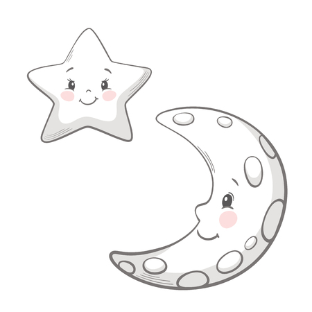 Moon and star cute print. Sweet baby boy shower card. Good night sky. Cool and lovely illustration for nursery, pajamas t-shirt, kids apparel, invitation, simple child designのイラスト素材