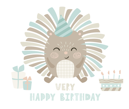 Hedgehog baby happy birthday cute print. Sweet animal with gift box and cake. Urchin fashion child vector. Cool illustration for nursery t-shirt, kids apparel, invitation, scandinavian child designのイラスト素材