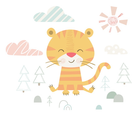 Tiger baby cute print. Sweet animal in forest fashion child vector. Cool illustration for nursery t-shirt, kids apparel, invitation, simple scandinavian child designのイラスト素材