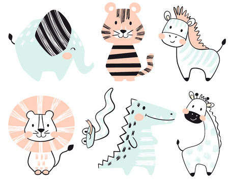 Crocodile, elephant, tiger, zebra, lion, giraffe, snake baby cute print set.の写真素材
