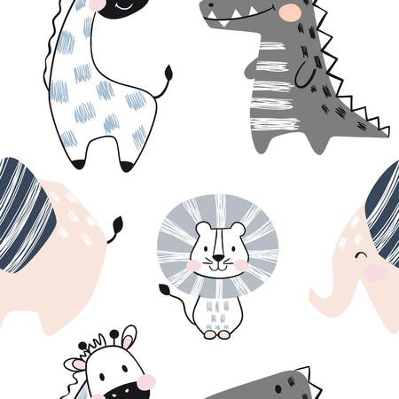 Lion, giraffe, elephant, crocodile baby seamless pattern. Scandinavian cute print.の写真素材