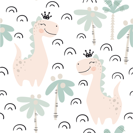 Dinosaur baby girl seamless pattern. Sweet dino princess with crown. Scandinavian cute print. Cool illustration for nursery t-shirt, kids apparel, invitation cover, simple child background designのイラスト素材