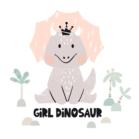 Dinosaur baby girl cute print. Sweet dino princess with crown. Cool triceratops illustration for nursery t-shirt, kids apparel, invitation, simple scandinavian child design. Girl dinosaur sloganのイラスト素材
