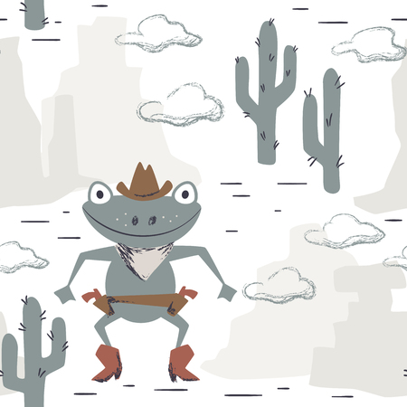 Western frog baby seamless pattern. Wild west animal with hat, boot, gun. Scandinavian cactus cute print. Cool illustration for nursery t-shirt, kids apparel, invitation cover, child background designのイラスト素材