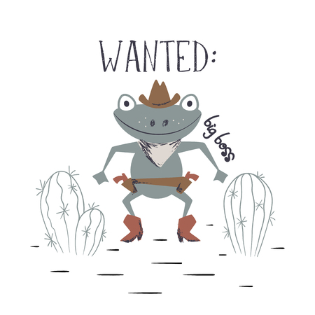 Western frog duel cute print. Wild west animal with hat, boot, gun. Cool illustration with cactus for nursery t-shirt, kids apparel, invitation, simple scandinavian child design. Wanted big boss sloganのイラスト素材