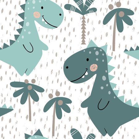 Dinosaur baby boy seamless pattern. Sweet dino with palm. Scandinavian cute print.のイラスト素材