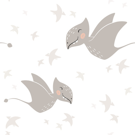 Dinosaur baby boy seamless pattern. Sweet dino scandinavian cute print. Cool pterodactyl, illustration for nursery t-shirt, kids apparel, invitation cover, simple child background designのイラスト素材