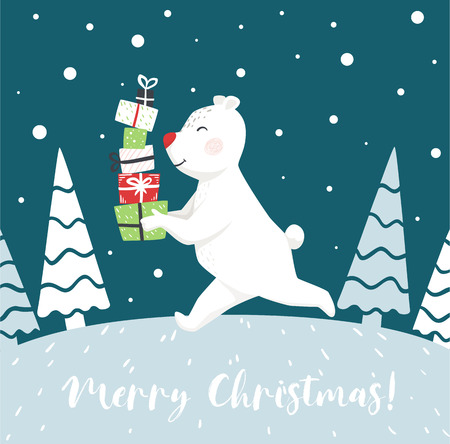 Run polar bear with gift box scandinavian card. New year delivery. Merry Christmas slogan. Winter night snow landscape vector illustration for party invitation, holiday design, sale bannerのイラスト素材