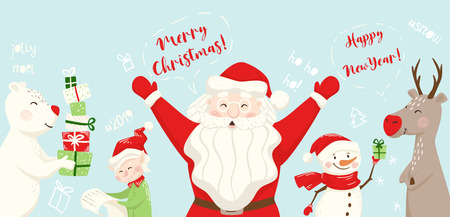 Santa Claus, reindeer, bear, snowman, elf scandinavian banner. New year card. Christmas team. happy new year text slogan. Vector illustration for party invitation, holiday sale poster designのイラスト素材