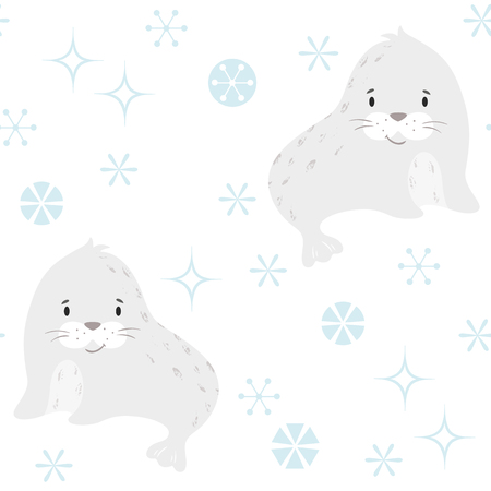 Seal baby winter seamless pattern. Cute animal in snowy forest christmas print. Cool illustration for nursery, t-shirt, kids apparel, party and baby shower invitation. Simple scandinavian child designのイラスト素材